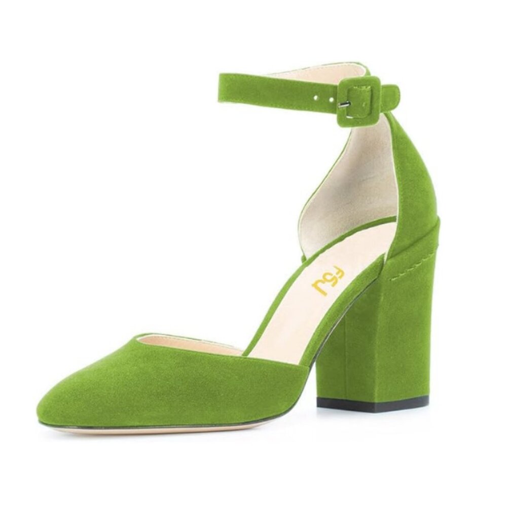 FSJ Women Ankle Strap D'Orsay Pumps Retro Round Toe Faux Suede Chunky Heels Sand